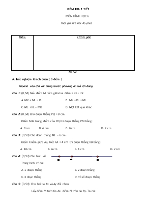 Đề kiểm tra 1 tiết môn Hình học Lớp 6
